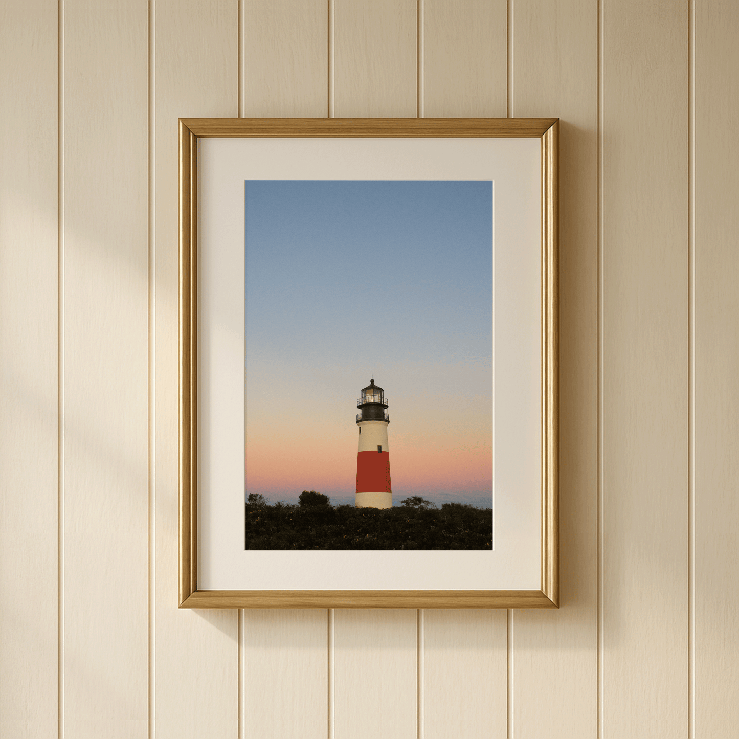Sankaty Head Lighthouse at sunrise, Nantucket Massachusetts, fine art photography print showing iconic red stripe, framed on a wall