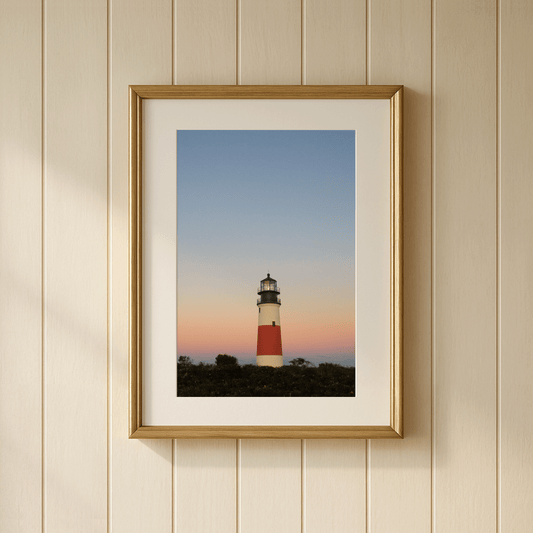 Sankaty Head Lighthouse at sunrise, Nantucket Massachusetts, fine art photography print showing iconic red stripe, framed on a wall