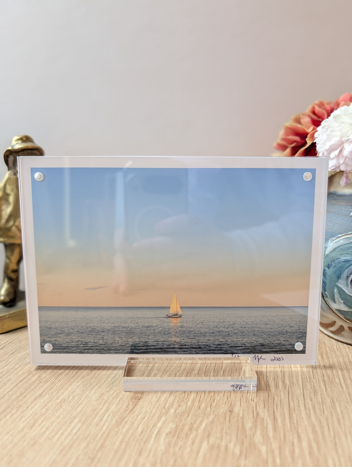 5x7 acrylic framed print of Ogunquit, Maine displayed on desk, modern office decor