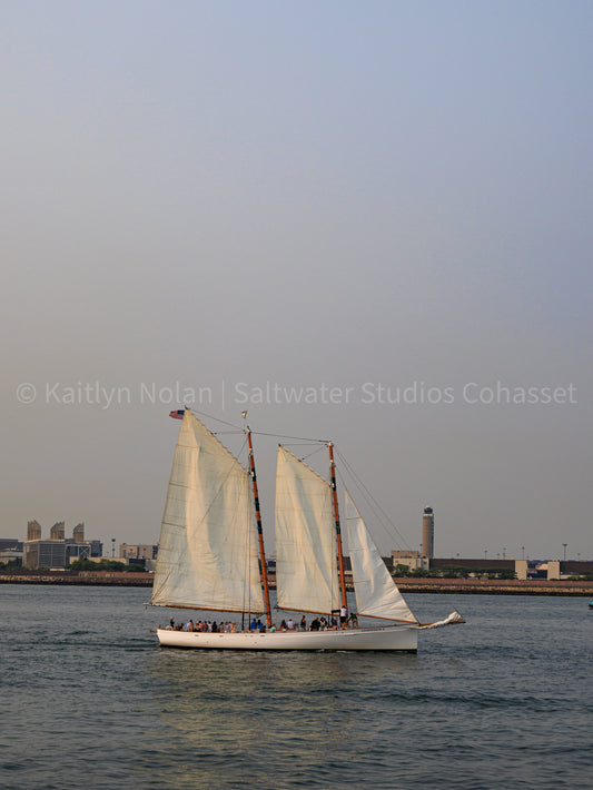 Photograph of a sailboat in Boston Harbor, Massachusetts on a summer afternoon