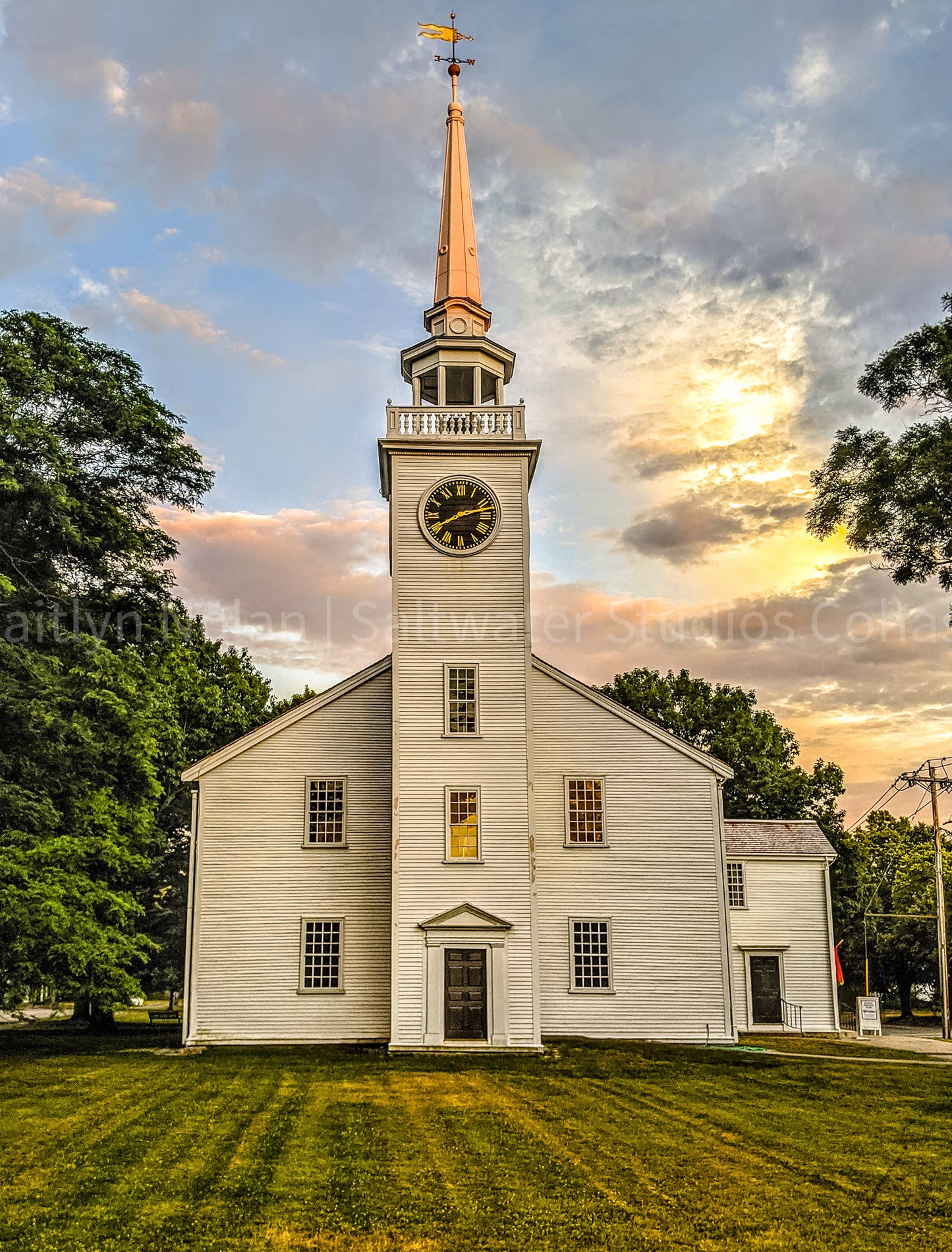 Classic white New England church photograph taken at sunset in Cohasset, Massachusetts