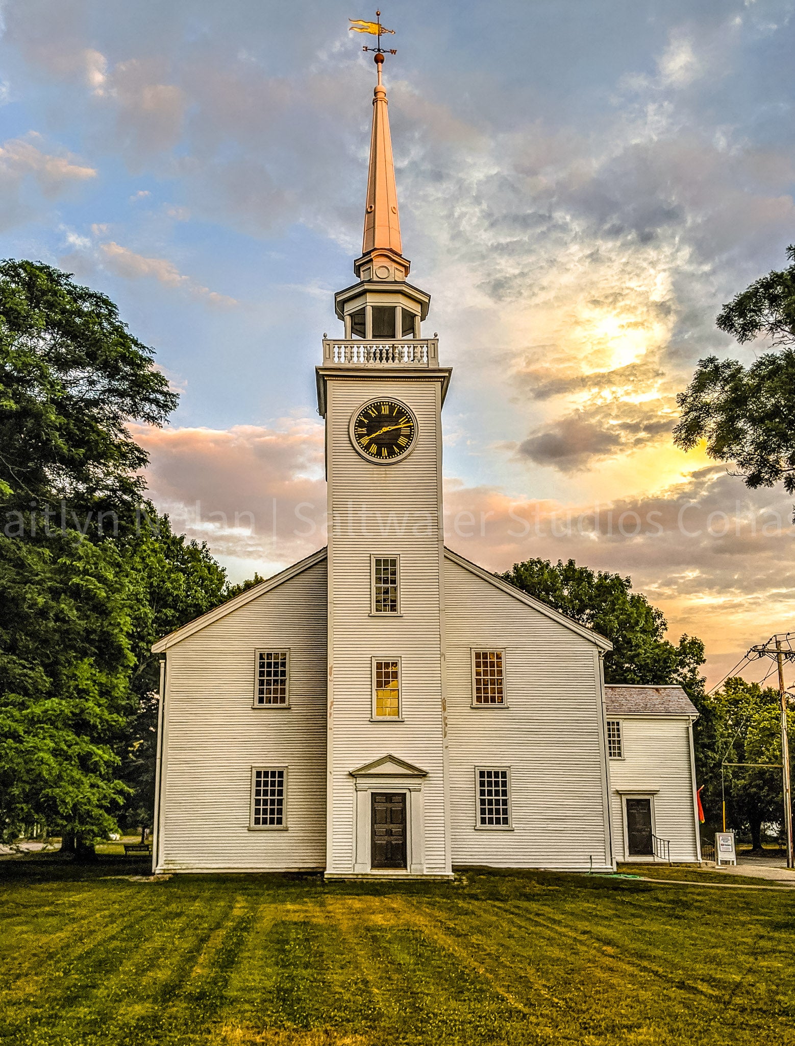 Classic white New England church photograph taken at sunset in Cohasset, Massachusetts