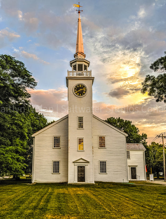 Classic white New England church photograph taken at sunset in Cohasset, Massachusetts