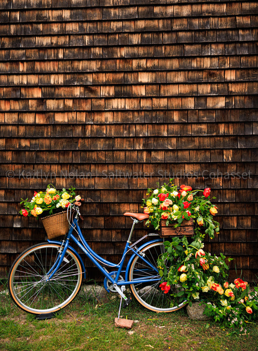 Photograph showing a bike covered in spring flowers at Cross Street Flower Farm, Norwell, Massachusetts