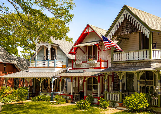 Photograph showing the gingerbread cottages on Martha's Vineyard, in Oak Bluffs