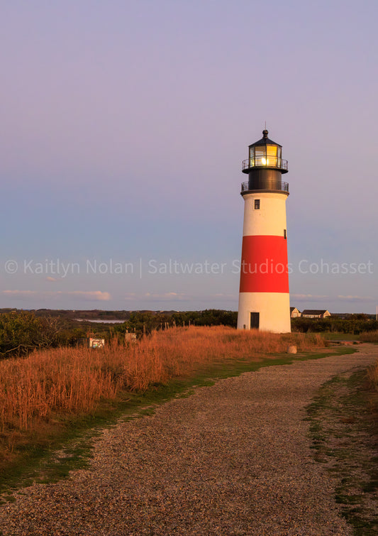 Sankaty Head Lighthouse at sunrise, Nantucket Massachusetts, fine art photography print showing iconic red stripe 