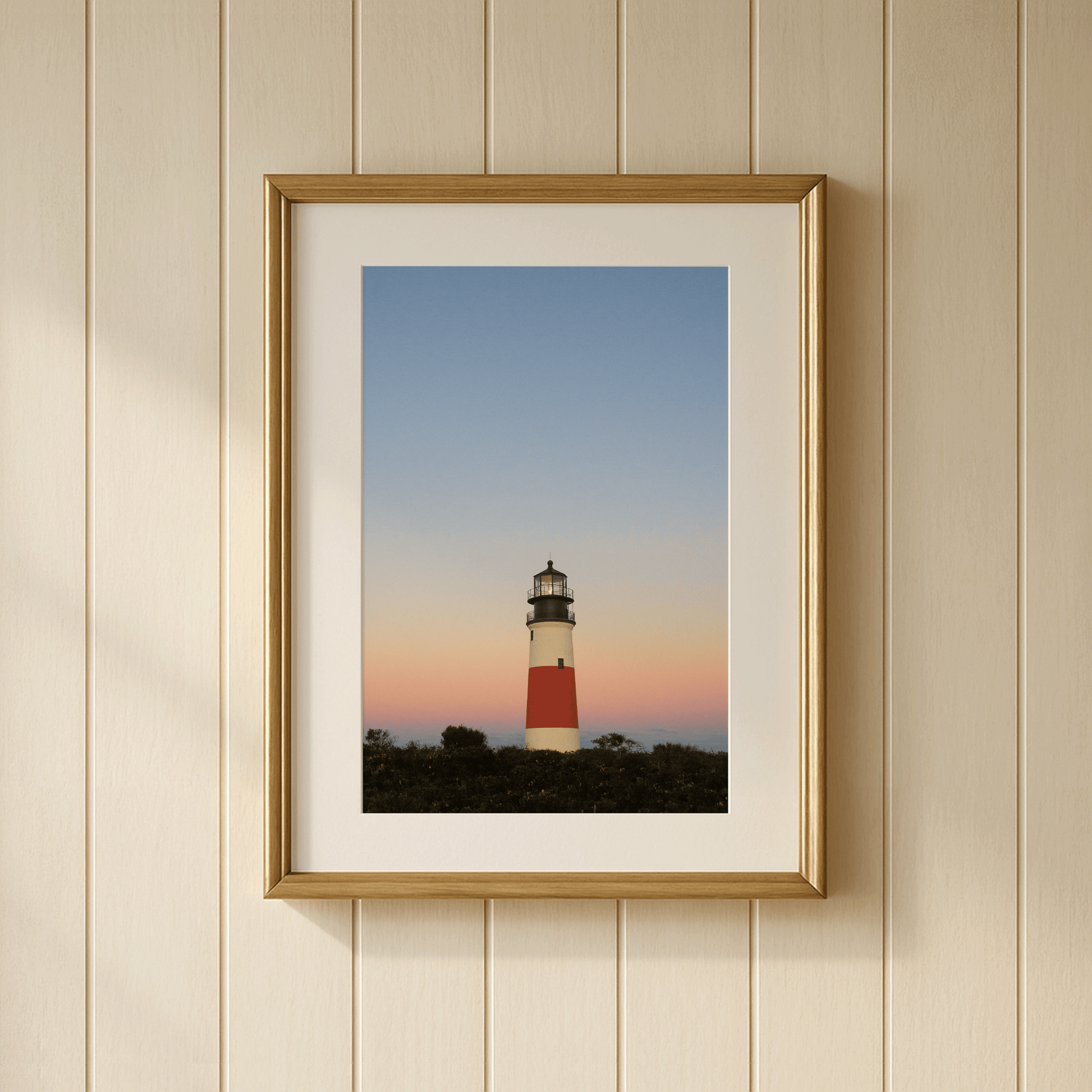 Sankaty Head Lighthouse at sunrise, Nantucket Massachusetts, fine art photography print showing iconic red stripe, framed on a wall