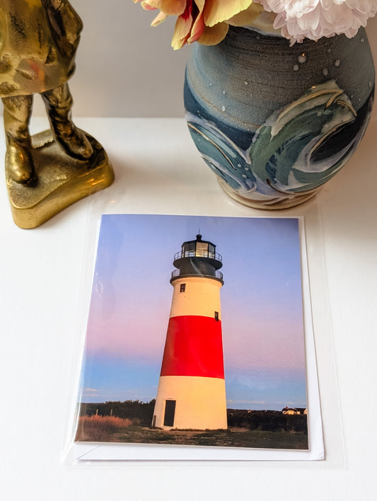 blank greeting card featuring Sankaty Head Lighthouse Nantucket photography with envelope